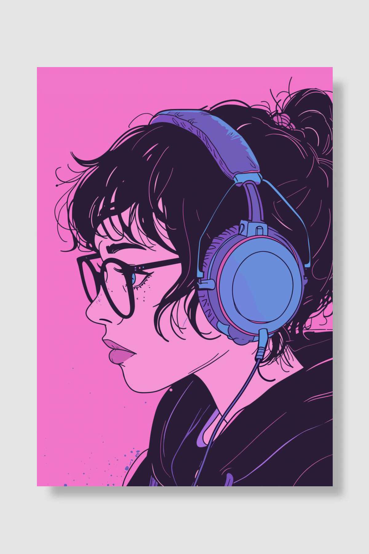 Girl with Headphones Müzik Poster Çerçevesiz Yüksek Kalite Müzik Afiş Duvar Poster