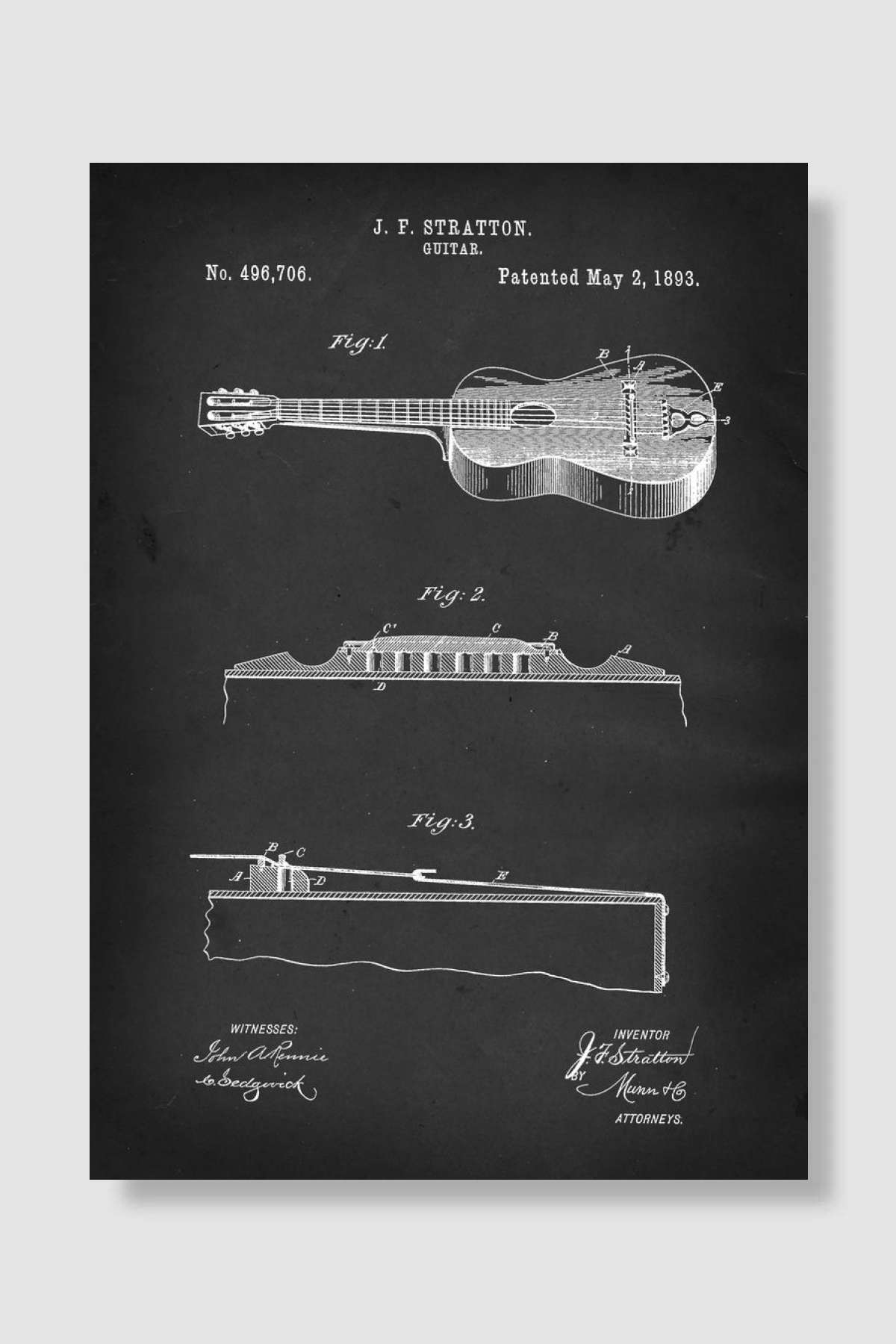 Acoustic Guitar - Patent #496,706 by J. F. Stratton - 1 ... Müzik Poster Çerçevesiz Yüksek Kalite Müzik Afiş Duvar Poster