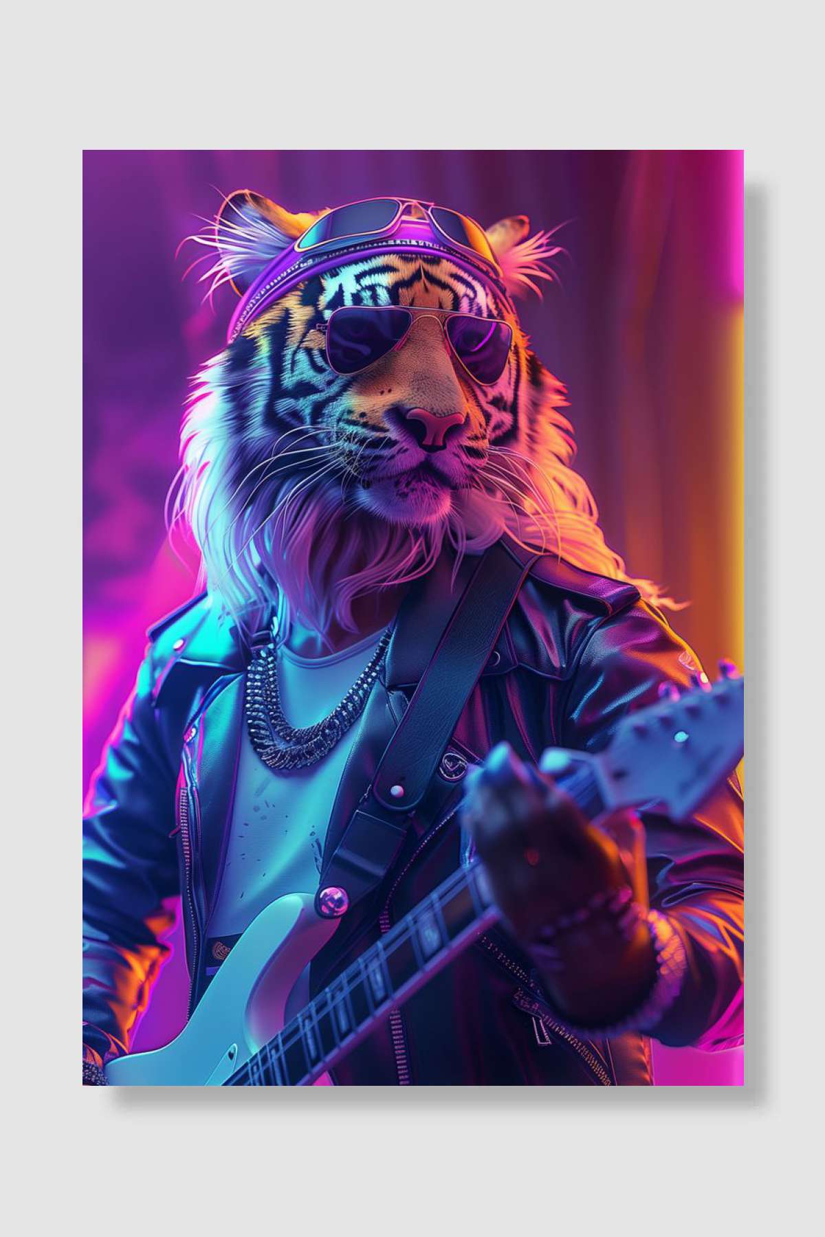 Rock Tiger Playing Guitar Müzik Poster Çerçevesiz Yüksek Kalite Müzik Afiş Duvar Poster