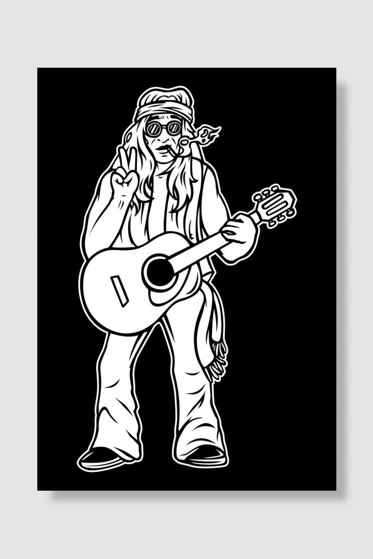 Hippie Black and White 02 Müzik Poster Çerçevesiz Yüksek Kalite Müzik Afiş Duvar Poster
