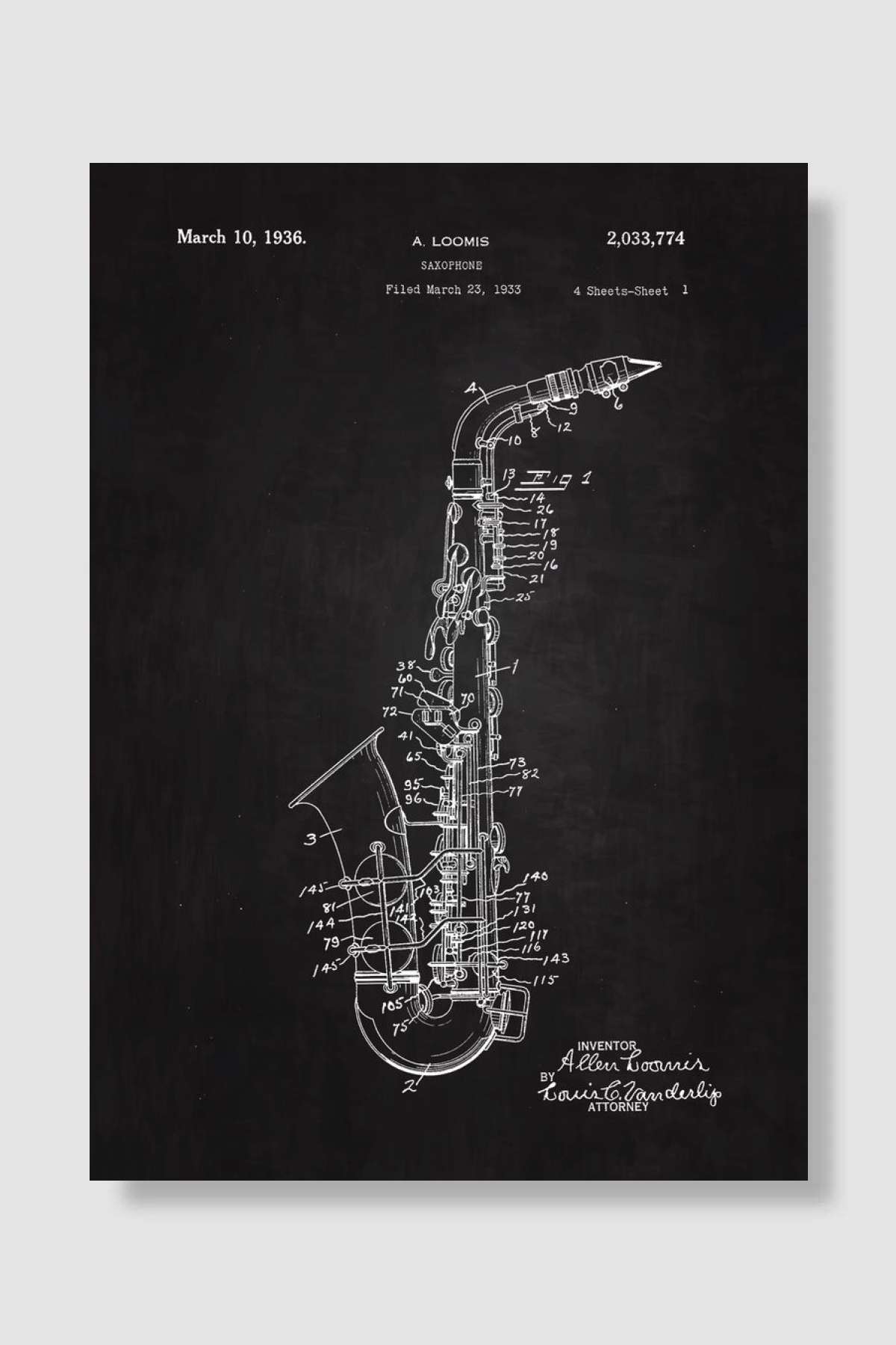 1936 Saxophone Patent Art Müzik Poster Çerçevesiz Yüksek Kalite Müzik Afiş Duvar Poster