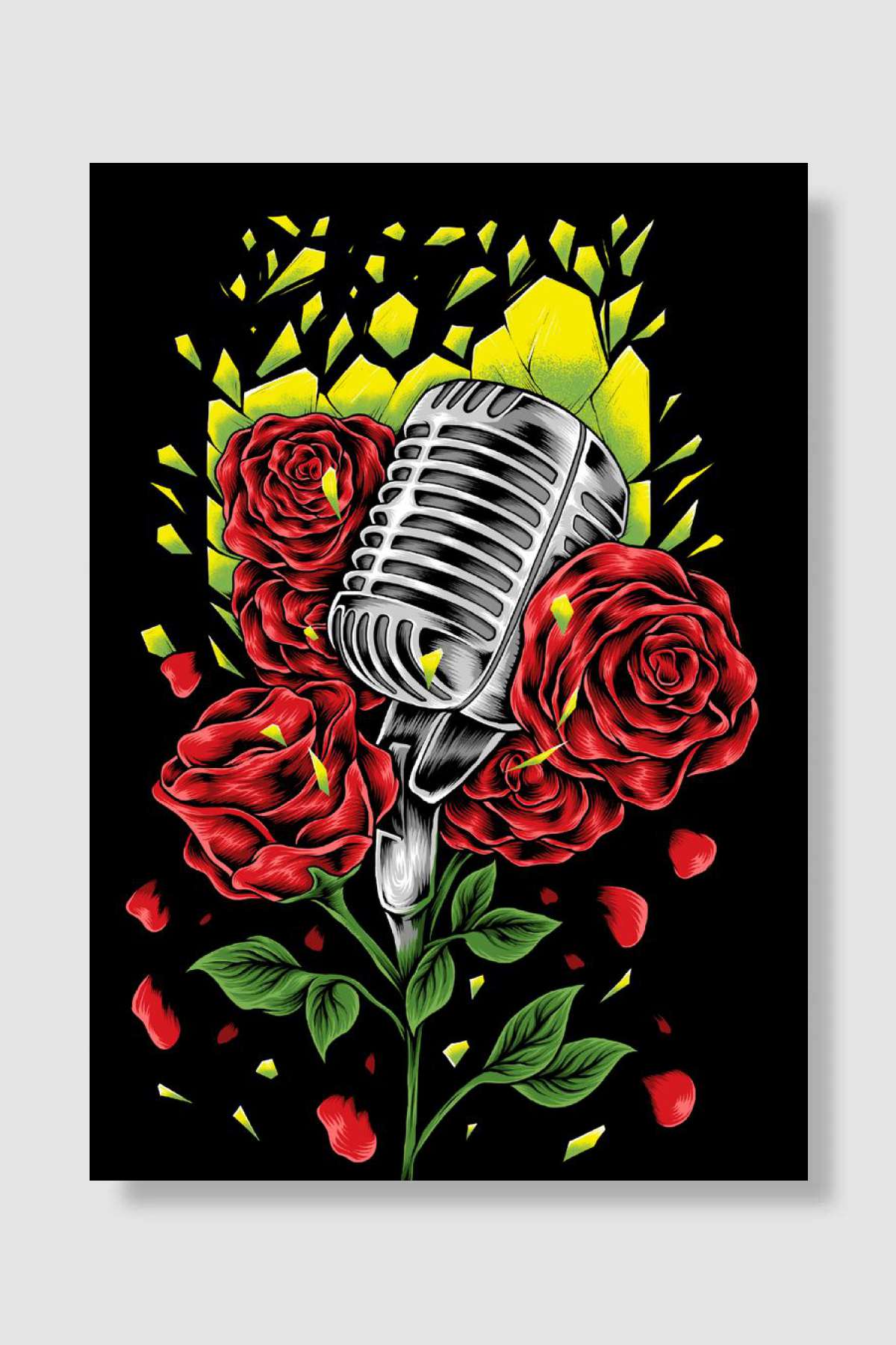 Mic and Roses Müzik Poster Çerçevesiz Yüksek Kalite Müzik Afiş Duvar Poster