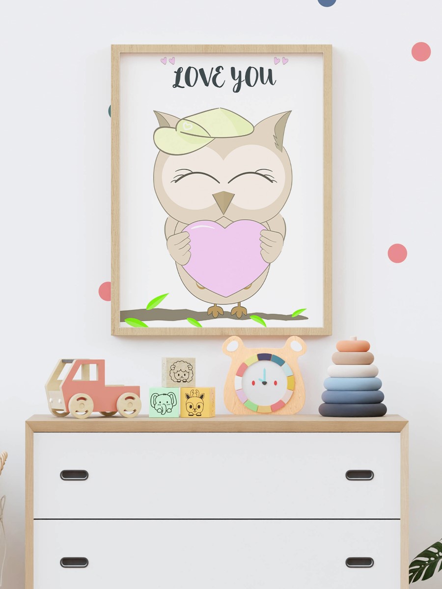 Sevimli Baykuş Çocuk Odası Duvar Poster, Bebek Odası, Dekoratif Poster Çerçevesiz