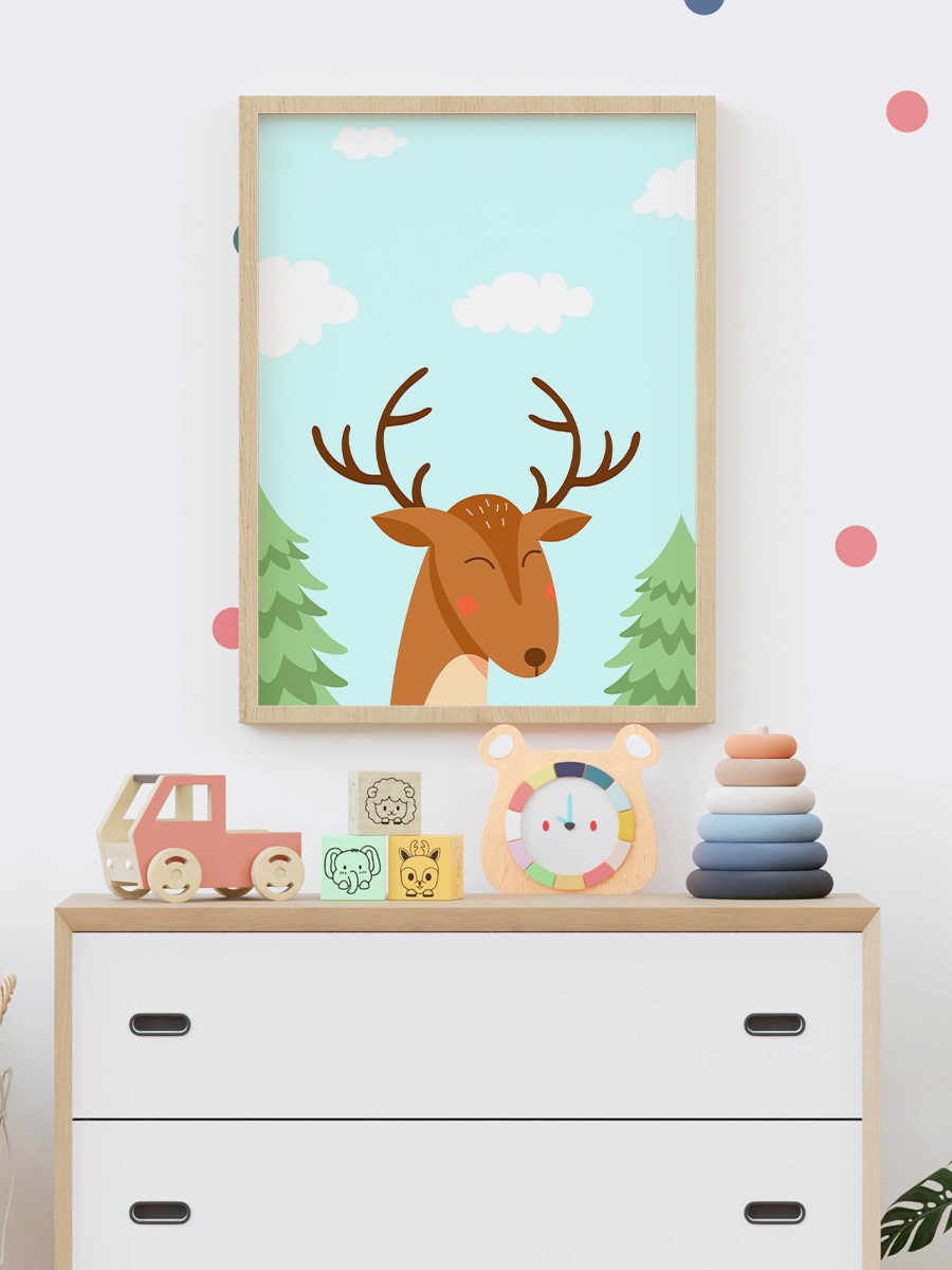 Sevimli Geyik Çocuk Odası Duvar Poster, Bebek Odası, Dekoratif Poster Çerçevesiz