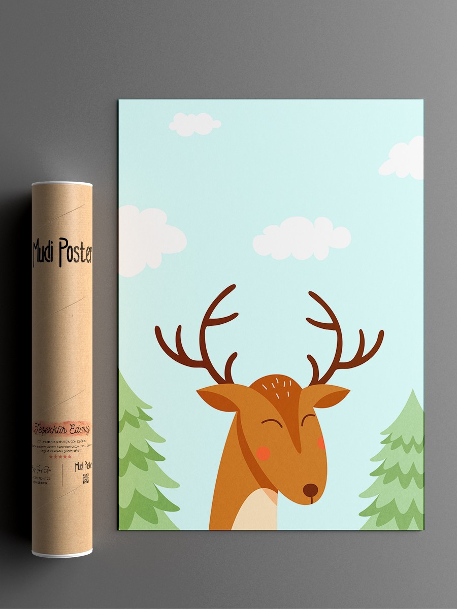 Sevimli Geyik Çocuk Odası Duvar Poster, Bebek Odası, Dekoratif Poster Çerçevesiz