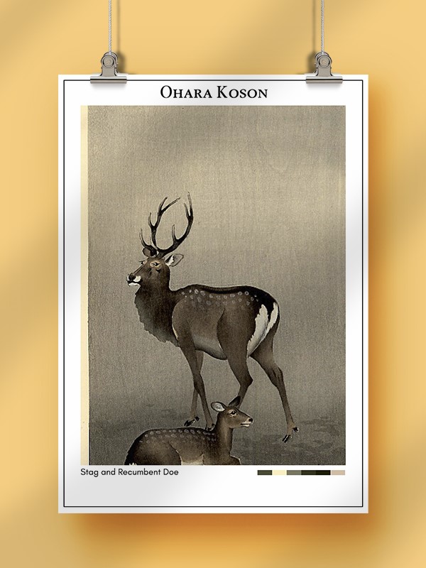 Ohara Koson Stag and Recumbent Doe Poster