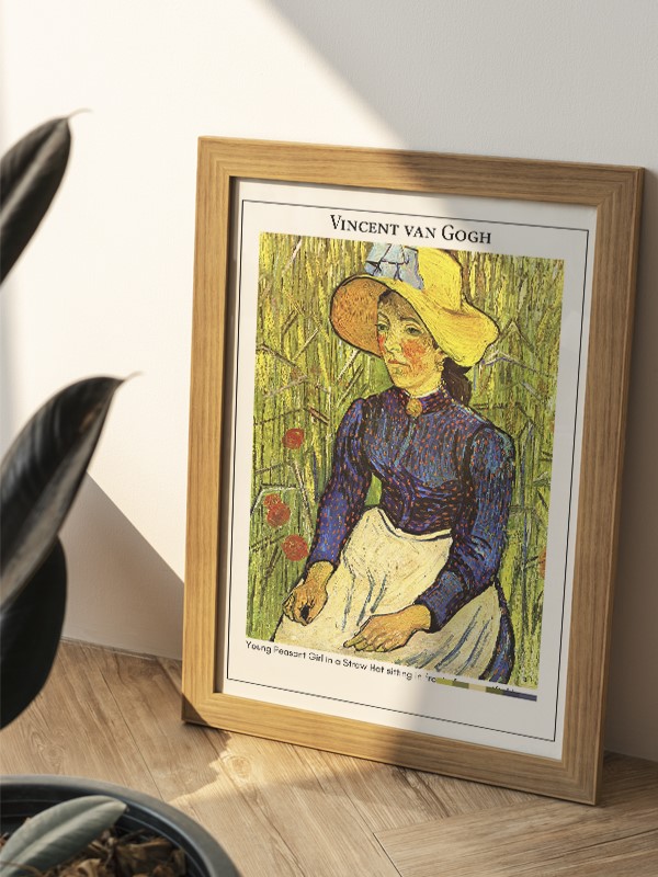 Vincent van Gogh Young Peasant Girl in a Straw Hat sitting in front of a wheatfield Poster