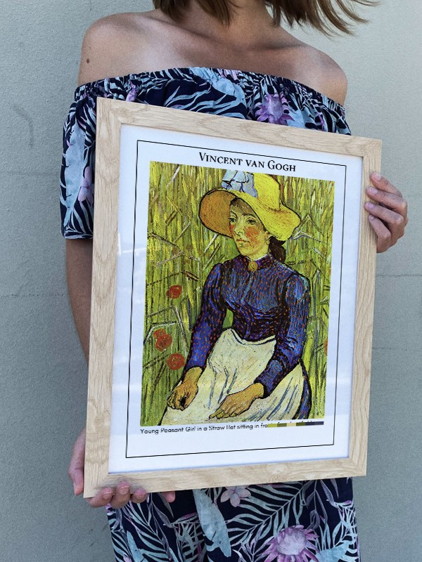 Vincent van Gogh Young Peasant Girl in a Straw Hat sitting in front of a wheatfield Poster