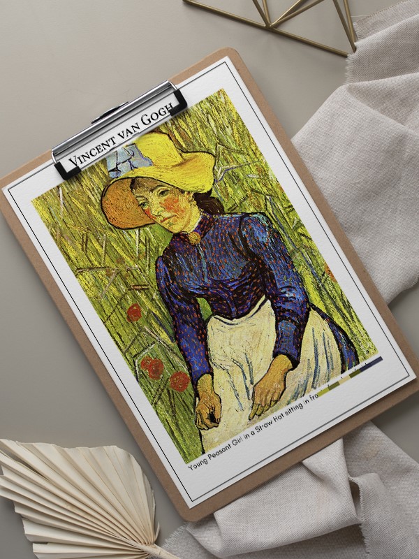 Vincent van Gogh Young Peasant Girl in a Straw Hat sitting in front of a wheatfield Poster